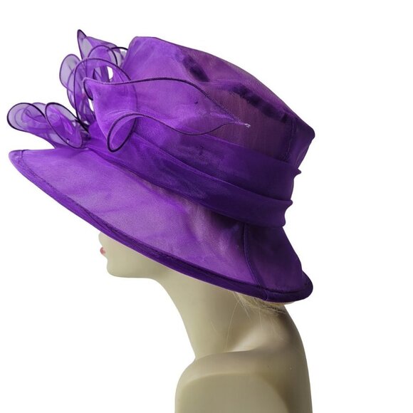 Purple Dress Hat Crushable Packable Deep Purple Satin Band and Pink Feathers - Picture 6 of 15